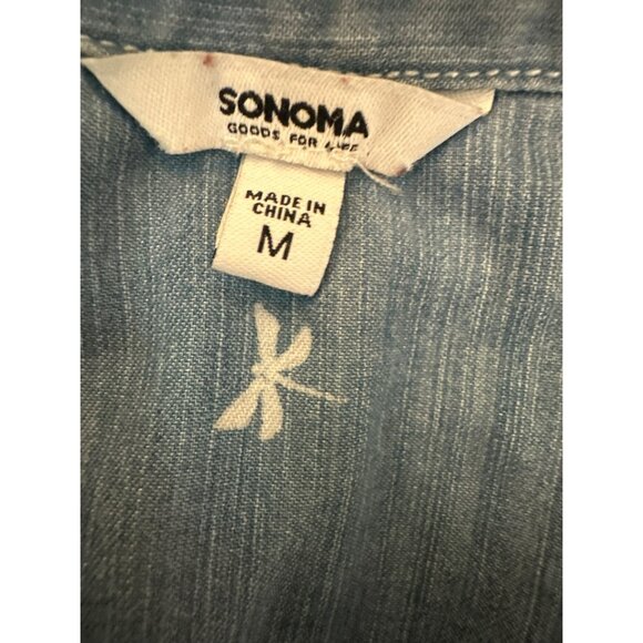 Sonoma Womens Medium Blue Chambray Button-Up Shirt Dragonfly Print Cottage - Picture 2 of 4